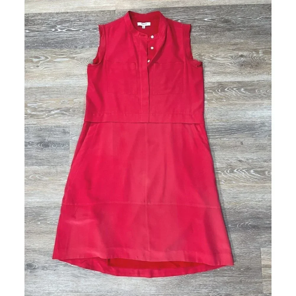 Madewell Sz 00 Red 100% SILK Shift Shirt Tank Dress Pockets xxs 2xs Sleeveless